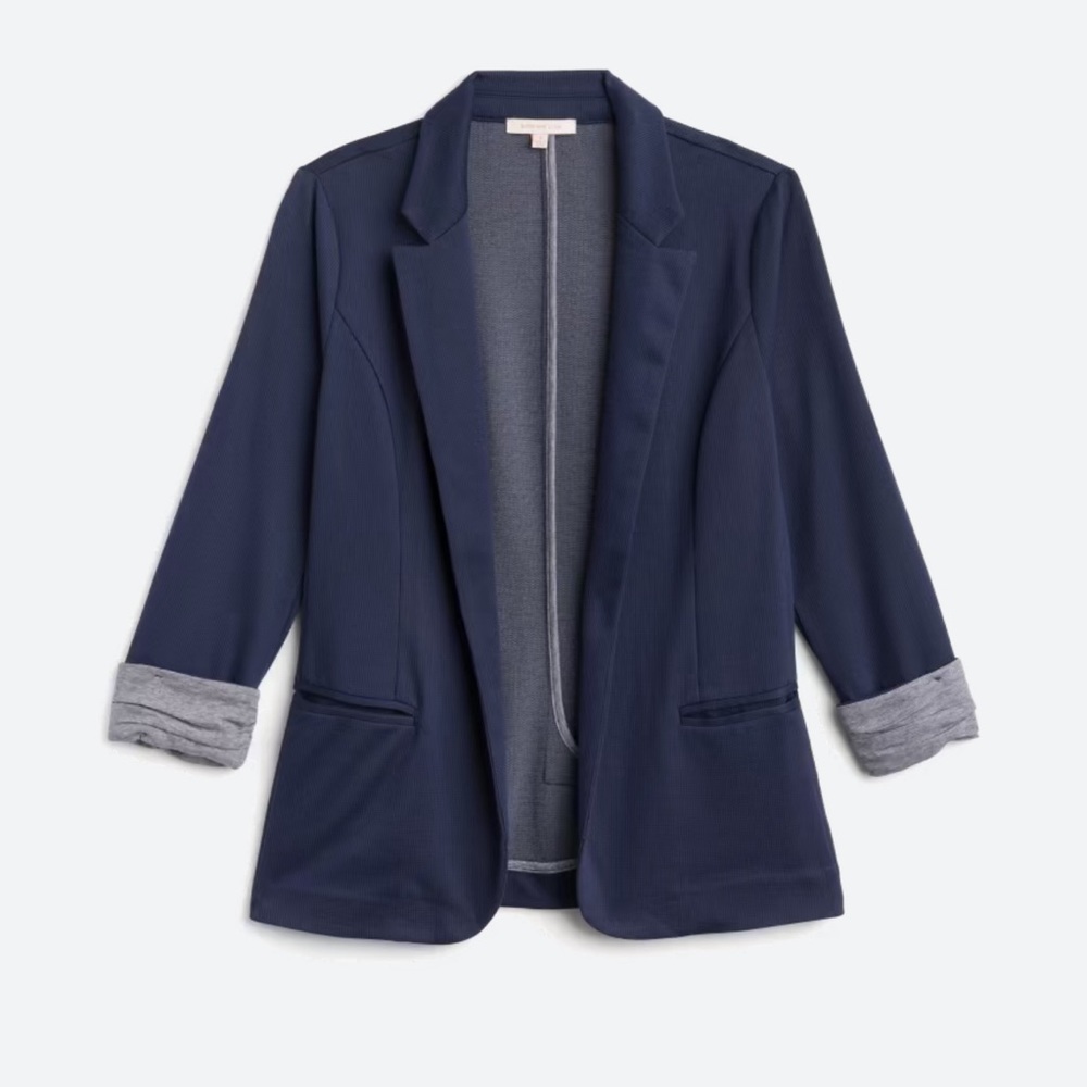 Navy knit blazer ruched 3/4 sleeves
